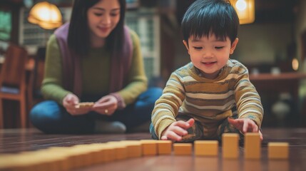 Asian Child playing with wooden dominoes on the floor while mother watches. Indoor family activity. Candid photography