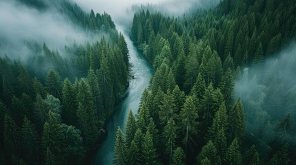 Wall Mural - A forest with a river running through it. The trees are lush and green, and the sky is cloudy. Scene is peaceful and serene, as if one were taking a break from the hustle