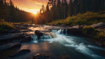 Wall Mural - Nature wallpaper featuring a forest waterfall and stunning sunset colors