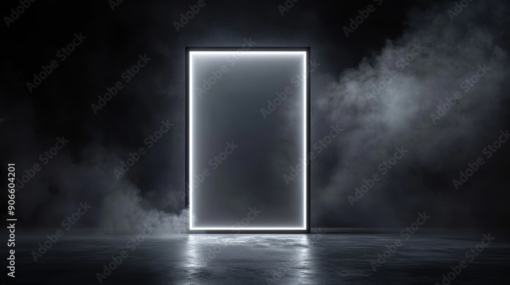 A mockup of a poster on the black wall with a backlight. Lightbox ...