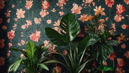 Wall Mural - Natural and fake houseplants on floral wallpaper, high contrast