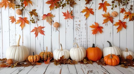 a rustic autumn display with pumpkins, colorful leaves, and wooden background, creating a cozy fall 