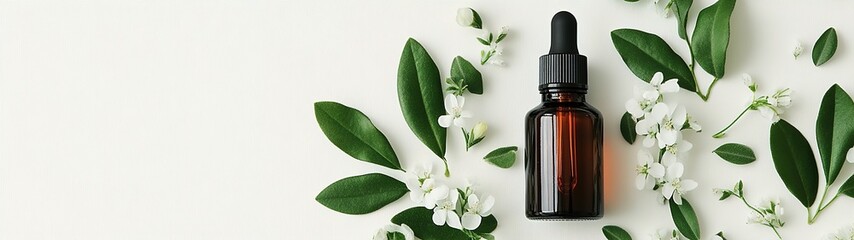 bottle of essential oil surrounded by herbs and flowers on green background.illustration