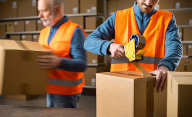 Wall Mural - Warehouse employees preparing delivery boxes