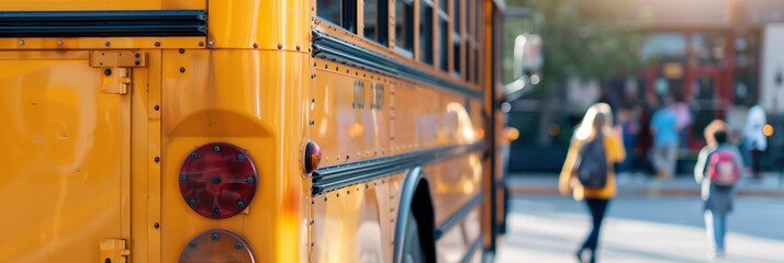 Wall Mural - School bus with children in the background, back to school