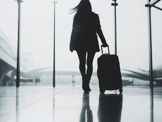 Woman walks through airport with suitcase, heading to destination