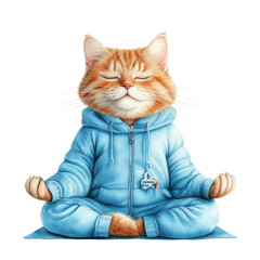 A cat is wearing a blue hoodie and sitting on a yoga mat