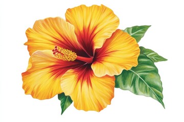 A vibrant yellow hibiscus flower with red accents and green leaves.