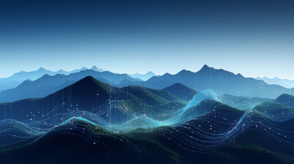 Conceptual landscape with mountains and blue neon lines with flowing data city lights backgrond futuristic design