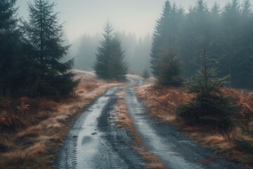 Wall Mural - a road with trees on either side and a foggy sky. the road is wet and muddy