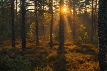 Canvas Print - a forest with trees and a sun shining through the trees. the sun is casting a warm glow on the fores