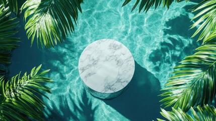 Aerial shot of a marble podium stand floating in a crystal-clear swimming pool, framed by vibrant palm leaves. Ideal for showcasing luxury products in a tropical setting.