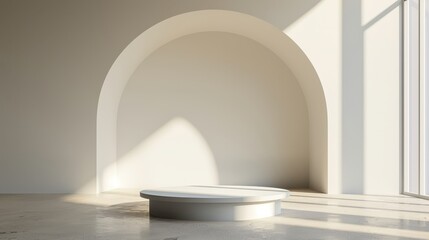 A white room with a white archway and a white pedestal