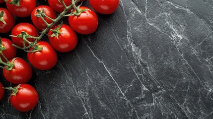 Close-up of freshly picked, ripe tomatoes on a dark stone background, creating a vibrant and fresh scene with ample copy space.