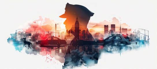 Wall Mural - Silhouette of a police officer standing in front of a city skyline with a watercolor-like effect