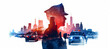 © Iurii - Digital illustration depicting a police officer in silhouette against a vibrant city skyline, with police cars in the foreground