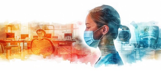 watercolor illustration of a female dentist wearing a face mask, standing in a modern dental clinic