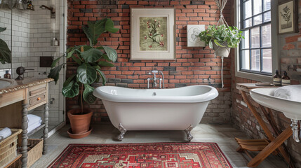 Wall Mural - A bathroom with a white bathtub and a toilet. The bathroom has a rustic feel with a brick wall and a wooden chair