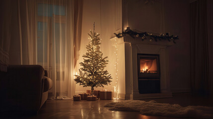 Canvas Print - Christmas Interior - Cozy Decor with Glowing Tree and Fireplace