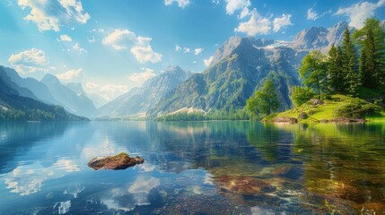 Wall Mural - A beautiful mountain lake with a rocky shoreline. The water is calm and clear, and the mountains in the background create a serene and peaceful atmosphere