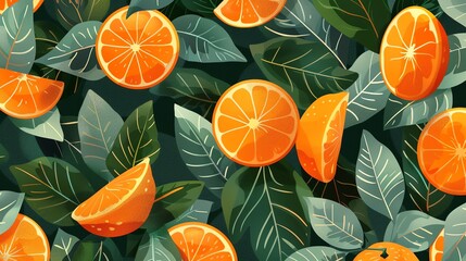 Sticker - A seamless pattern of orange slices and leaves.