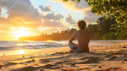 Wall Mural - A man is sitting on the beach, looking out at the ocean. The sky is orange and the sun is setting. The man is in a relaxed and peaceful state of mind