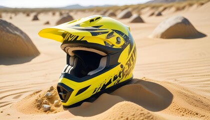 A yellow and black motocross helmet on a dirt surface