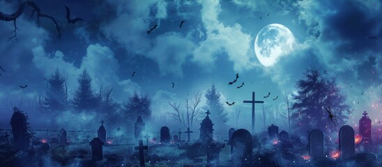 Wall Mural - A spooky, moonlit graveyard with tombstones and bats flying under a cloudy night sky.