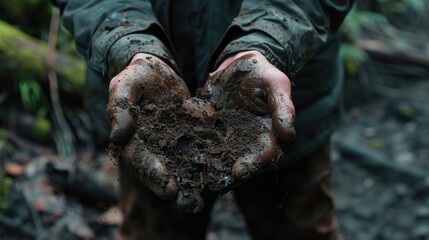 A person is holding a handful of dirt in their hands. The dirt is brown and he is wet. The person is wearing a green jacket and gloves. Concept of dirtiness and the idea of working with the earth