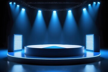 Sticker - Glowing blue spotlight on empty round stage. Blank podium for presentation or performance.