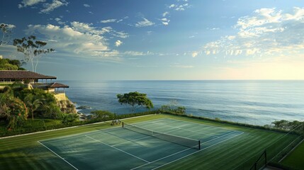 Wall Mural - Aerial view of a tranquil tennis court situated on a cliff overlooking the ocean at sunset