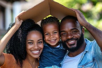 Happy family smiling and holding cardboard roof over their heads symbolizing safety, security, and insurance