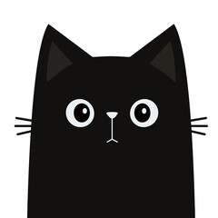 Poster - Cute funny cat. Sad face head. Kitten with triangle ears, nose. Black silhouette icon. Kawaii pet animal. Cartoon funny character. Childish style. Happy Halloween. Flat design. White background Vector