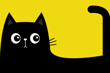 Wall Mural - Black cat. Long half body with tail. Cute cartoon kawaii baby character. Funny sad face head silhouette. Square kitten. Meow. Kawaii animal. Pet collection. Flat design. Yellow background. Vector