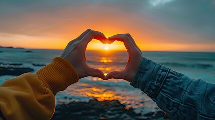 Wall Mural - A couple holding hands and making a heart shape in the sand at the beach. The sun is setting in the background, creating a romantic and peaceful atmosphere