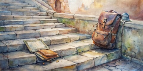 A worn traveler's backpack and passport lie abandoned on ancient stone steps as a smartphone captures exotic architecture on a vibrant foreign city street.