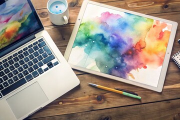 Close-up of modern laptop keyboard and touchpad with colorful design software open on screen, surrounded by design tools and papers on wooden desk surface.