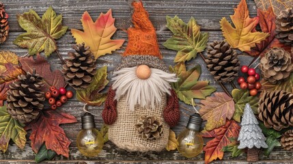 Poster - A cute adorable fall colored leaves and pine cone hanging gnome with hat 