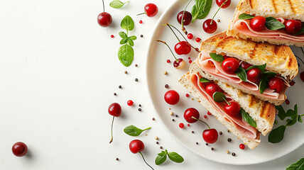 Wall Mural - Cherry ham sandwich on a plate on a white background