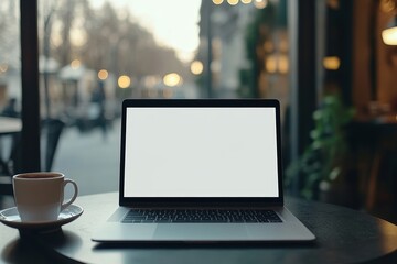 Aufkleber - A laptop screen is blank in a coffee shop restaurant