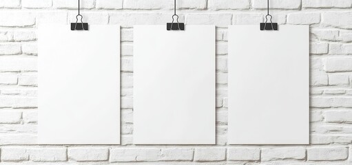Aufkleber - On a white brick wall are three mockups of blank paper posters.