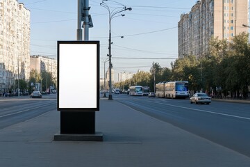 Aufkleber - Mockup of a blank glowing billboard on a city street next to a road with cars in the background. Vertical blank glowing billboard with no background.