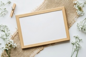 Poster - Wooden frame with mockup card and white flowers