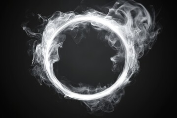 Canvas Print - Stock Illustration of a white smoke whirlpool with an empty circle frame inside, on a black background. White smoke circle with a magic smoke or mist frame surrounded by white smoke clouds. Blank