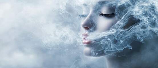 Fototapete - With a woman's face in the air, cold white wind, blowing mist, smoke or a winter blizzard trail in the background
