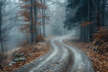 Canvas Print - a road with trees in the background and leaves on the ground. the road is wet and muddy