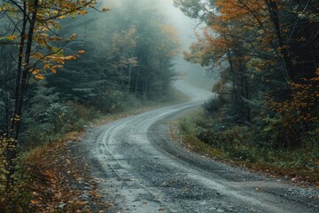 Wall Mural - a road with a lot of trees and leaves on the ground. the road is wet and muddy