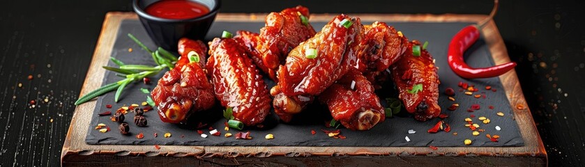 Wall Mural - Deliciously cooked chicken wings served on a wooden platter with spicy sauce and herbs for an appetizing meal.