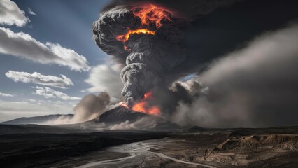 Wall Mural - A large volcano erupting into the sky with a river of lava flowing down, AI