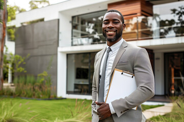 Confident real estate agent with clipboard standing in front of modern luxury home. Concepts of real estate, professionalism, and upscale property management.